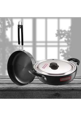 FLIXBLOOM Plus Cook Combo Kadai Wok with Fry Pan Cookware Kitchen Hard Anodised Induction | 1 L | 1.1 Qt | 2-Piece Set