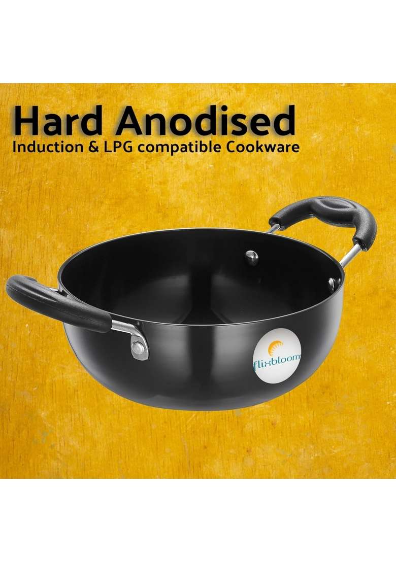 FLIXBLOOM Plus Cook Combo Kadai Wok with Fry Pan Cookware Kitchen Hard Anodised Induction | 1 L | 1.1 Qt | 2-Piece Set - Indya