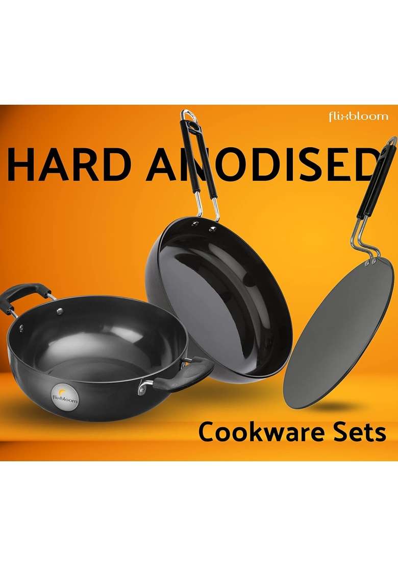 FLIXBLOOM Winsome Collections Combo Kitchen Induction Base Cookware Sets Hard Anodised | 1.2 L | 1.3 Qt | Pack of 3 - Indya