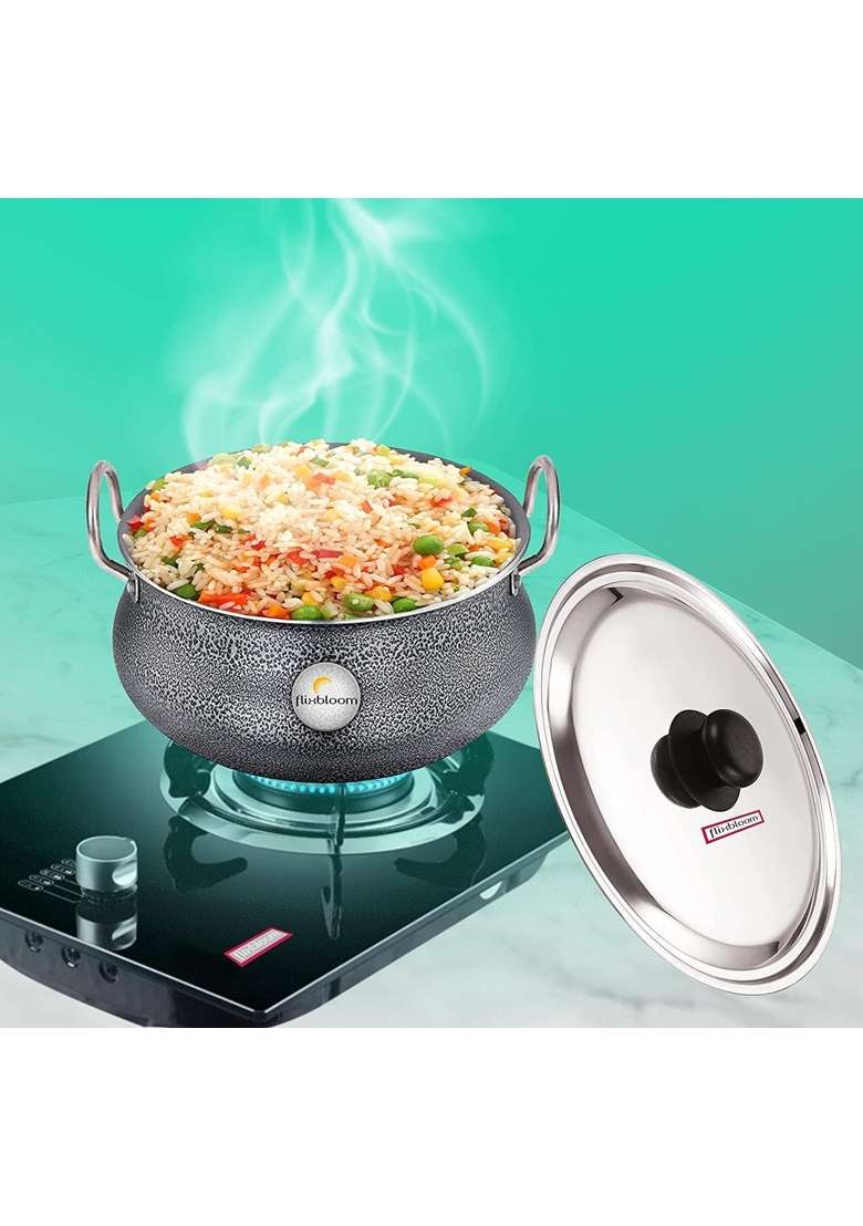 FLIXBLOOM Classic Hard Anodised Kitchen Cookware Induction and Gas Stove Compatible Handi Cooking Pot | 3.5 L | 3.7 Qt | With Lid - Indya