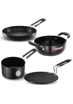 FLIXBLOOM Special Induction Base Combo Cookware Set Hard Anodised Utensil Kadhai Wok | 1.5 L | 1.6 Qt | 4-Piece Set