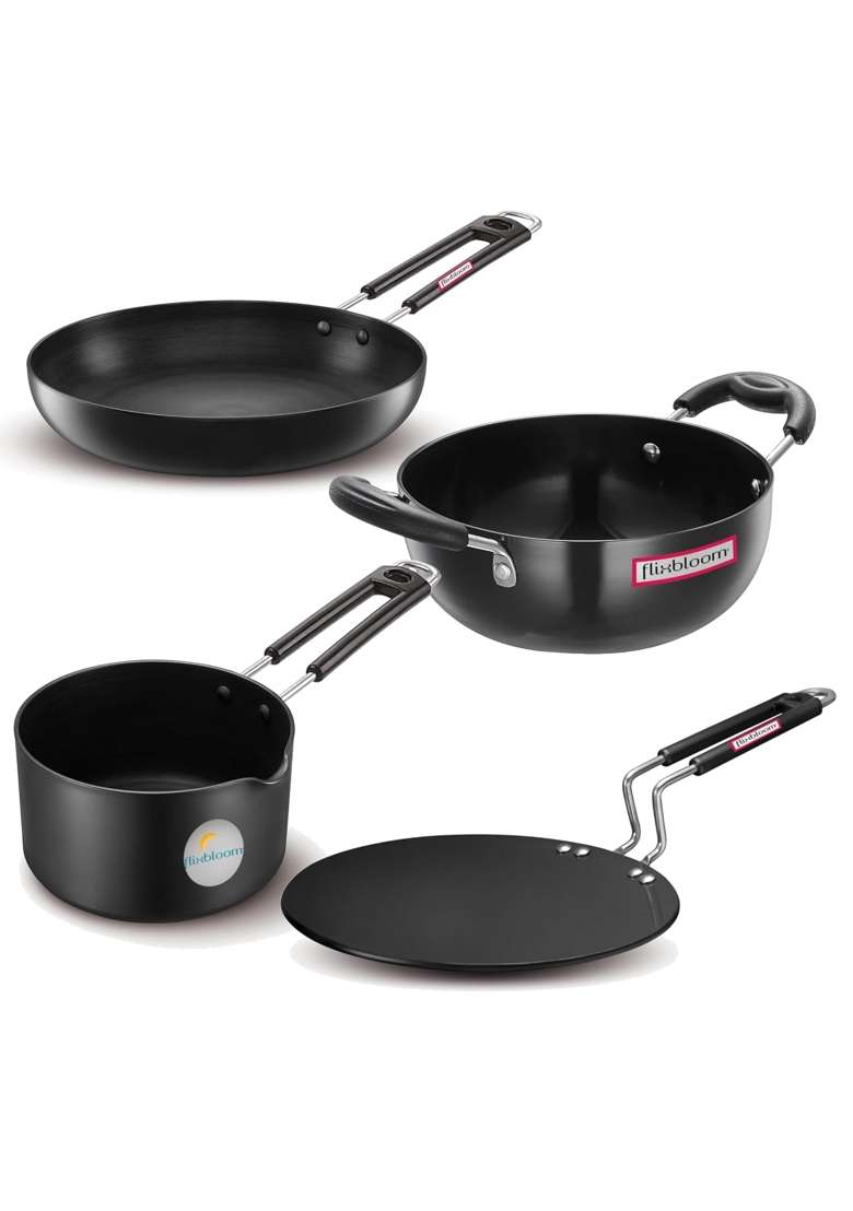 FLIXBLOOM Special Induction Base Combo Cookware Set Hard Anodised Utensil Kadhai Wok | 1.5 L | 1.6 Qt | 4-Piece Set - Indya