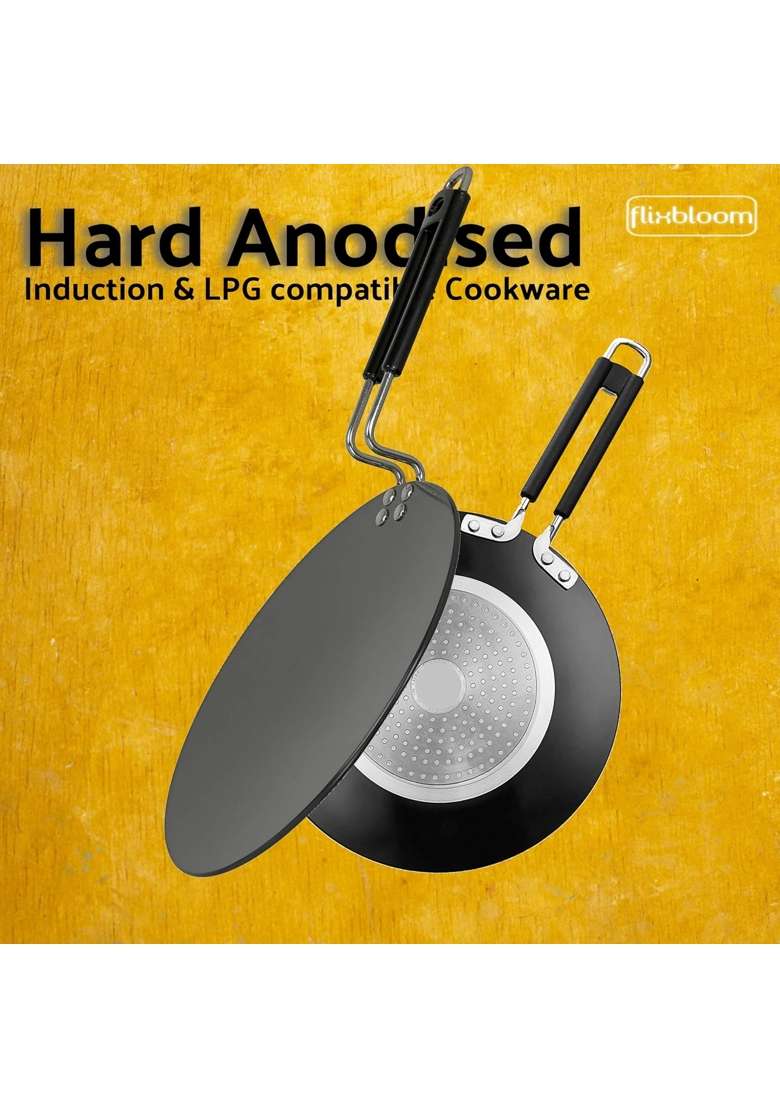FLIXBLOOM Special Induction Base Combo Cookware Set Hard Anodised Utensil Kadhai Wok | 1.5 L | 1.6 Qt | 4-Piece Set - Indya