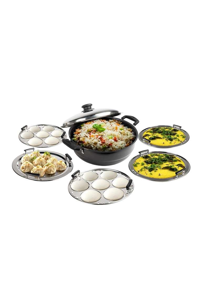 AGARO Elite Hard Anodised Multi Kadhai Wok with Stainless Steel Lid | 5 L | 5.3 Qt - Indya