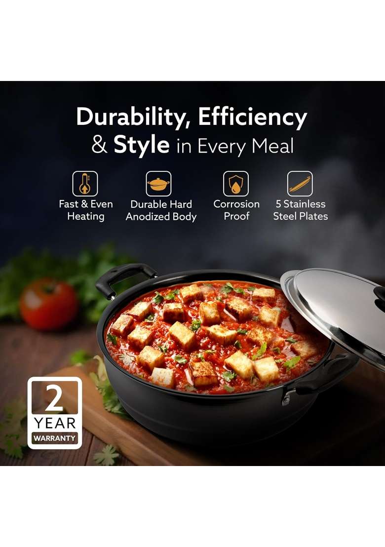 AGARO Elite Hard Anodised Multi Kadhai Wok with Stainless Steel Lid | 5 L | 5.3 Qt - Indya