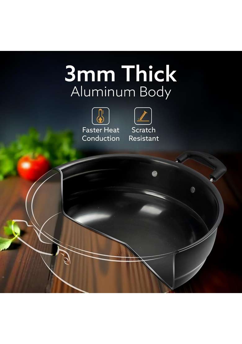 AGARO Elite Hard Anodised Multi Kadhai Wok with Stainless Steel Lid | 5 L | 5.3 Qt - Indya