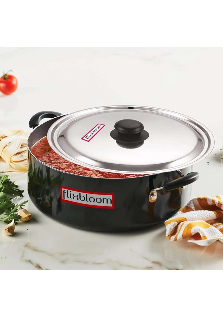 FLIXBLOOM Cosmos Black Induction Base Hard Anodised Deep Utensil Cookware Sauce | 3.5 L | 3.7 Qt | With Lid - Indya