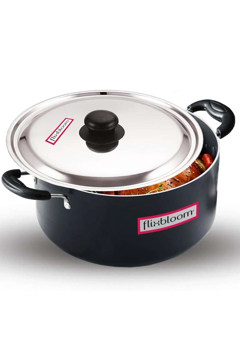 FLIXBLOOM Loyal Kitchen Cookware Black Hard Anodised Induction Base and Gas Stove Friendly | 3.5 L | 3.7 Qt | With Lid - Indya