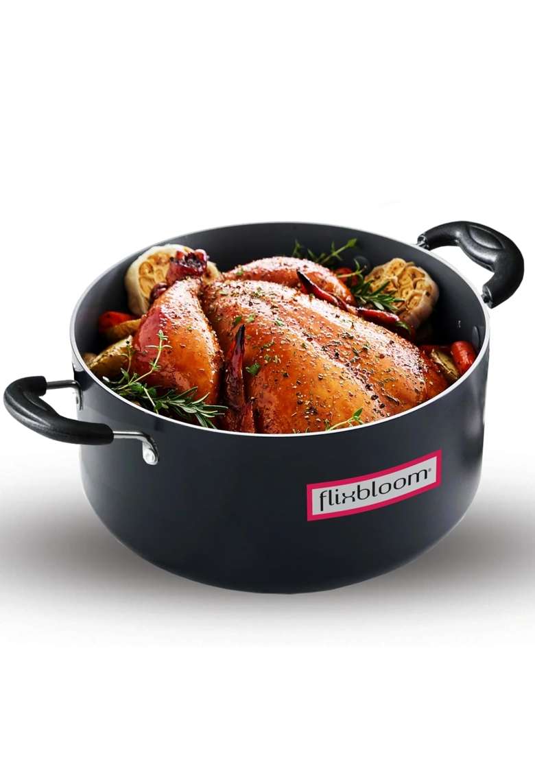 FLIXBLOOM Loyal Kitchen Cookware Black Hard Anodised Induction Base and Gas Stove Friendly | 3.5 L | 3.7 Qt | With Lid - Indya