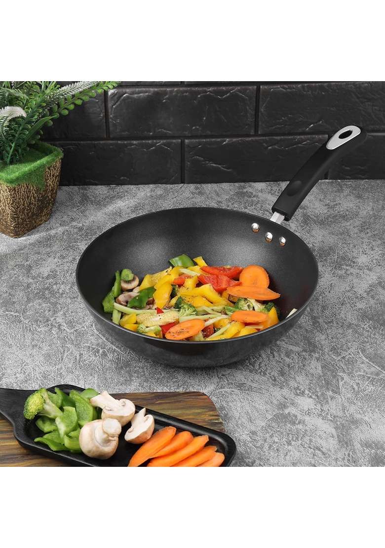 Vinod Hanos Hard Anodised Non-Stick Wok | 2 L | 2.1 Qt | 22 cm | 8.7 Inch | Induction Compatible | PFOA Free - Indya