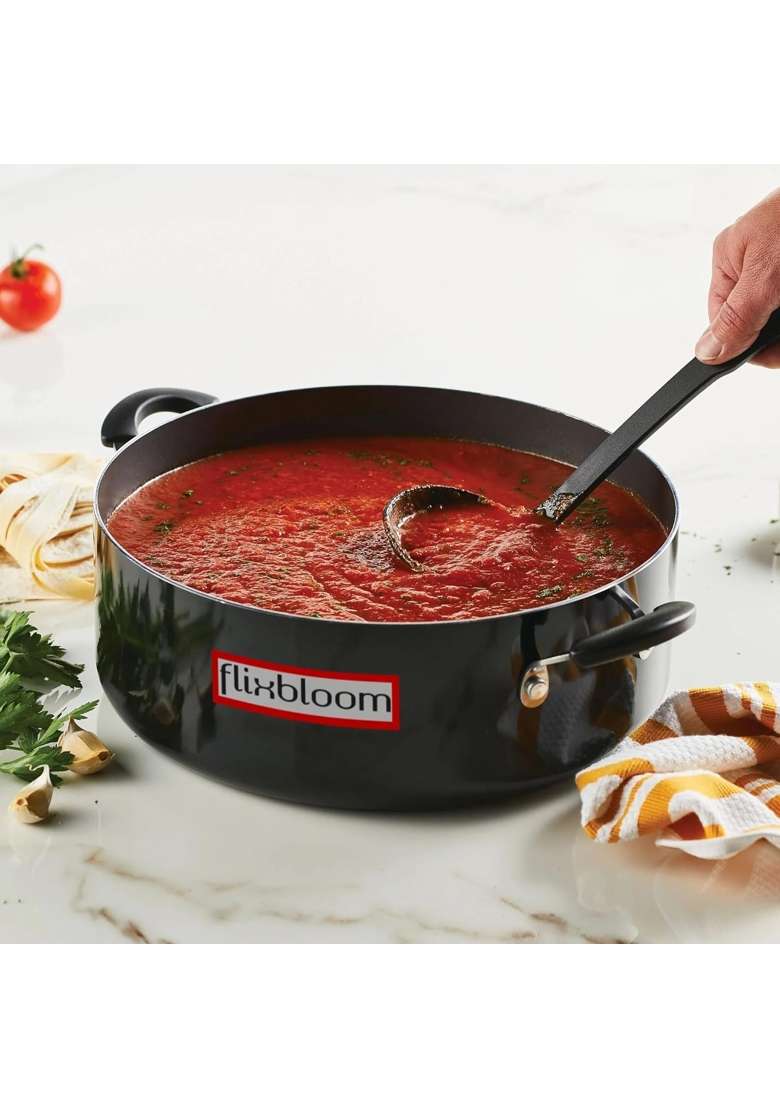 FLIXBLOOM 5.5 Induction Base Hard Anodised Deep Cookware Sauce Pot Handi with Stainless | 5.5 L | 5.8 Qt | With Lid - Indya