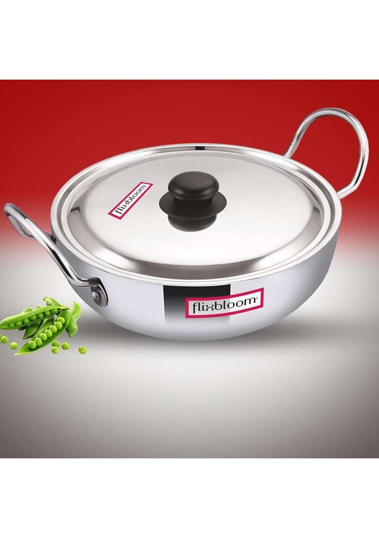 FLIXBLOOM Core Kitchen Thick Aluminium Cookware Kadhai Wok with Handle Induction Base and LPG | 3 L | 3.2 Qt | With Lid - Indya