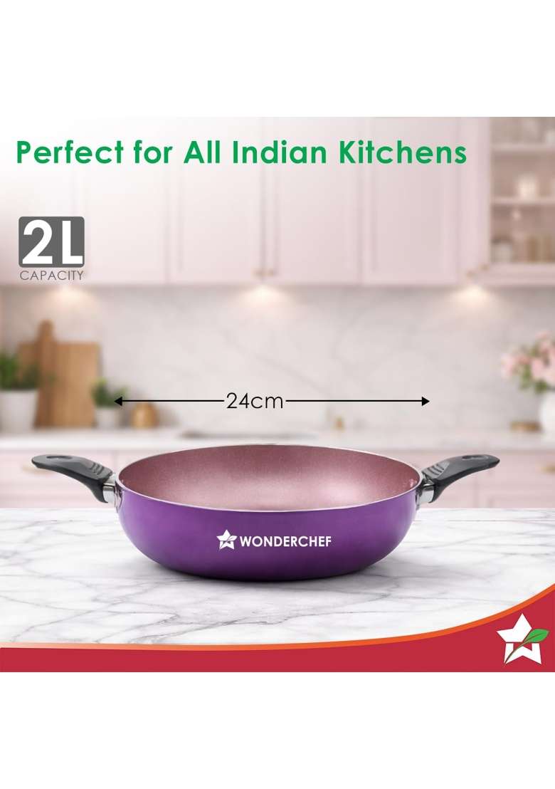 Wonderchef Valencia Non-Stick Kadhai Wok with Glass Lid | 2 L | 2.1 Qt | 24 cm | 9.4 Inch | PFOA Free - Indya