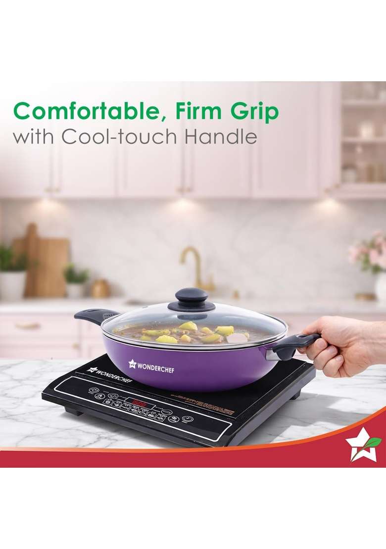 Wonderchef Valencia Non-Stick Kadhai Wok with Glass Lid | 2 L | 2.1 Qt | 24 cm | 9.4 Inch | PFOA Free - Indya
