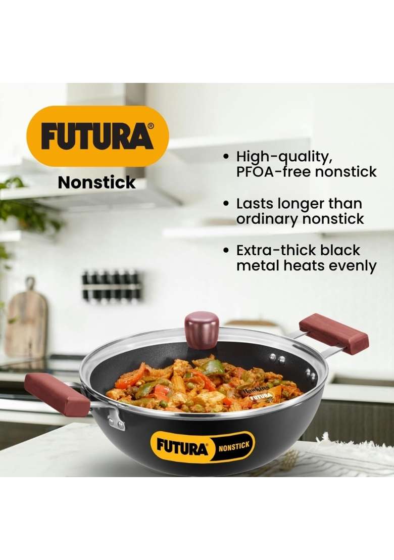 Hawkins Futura Deep Kadhai Wok | 3 L | 3.2 Qt | Induction Compatible | Non-Stick | With Lid - Indya