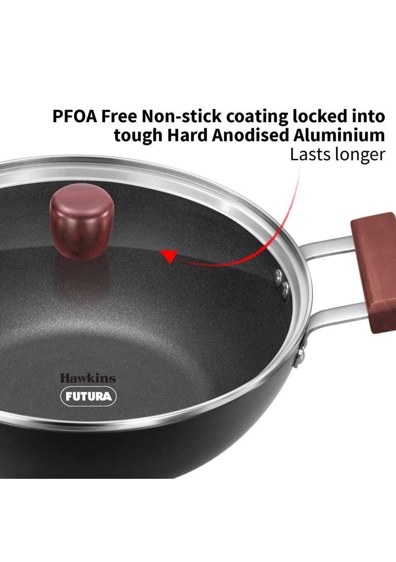 Hawkins Futura Deep Kadhai Wok | 3 L | 3.2 Qt | Induction Compatible | Non-Stick | With Lid - Indya