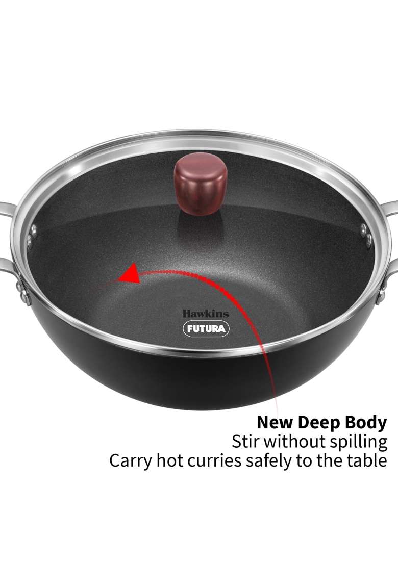 Hawkins Futura Deep Kadhai Wok | 3 L | 3.2 Qt | Induction Compatible | Non-Stick | With Lid - Indya