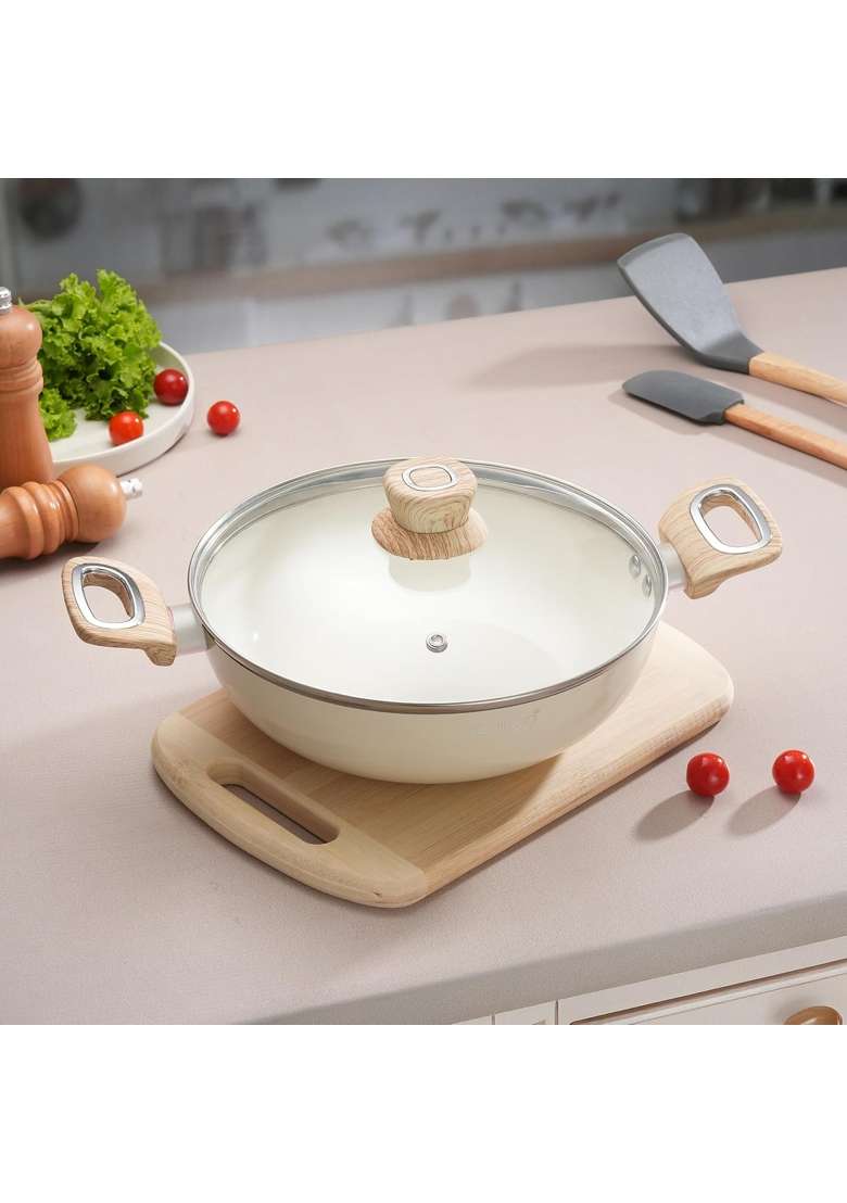COOKAID Kadhai with Glass Lid | 2.5 L | 2.6 Qt | 24 cm | 9.4 Inch | Induction Compatible | Non-Stick - Indya