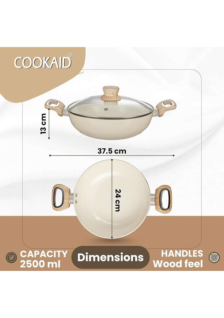 COOKAID Kadhai with Glass Lid | 2.5 L | 2.6 Qt | 24 cm | 9.4 Inch | Induction Compatible | Non-Stick - Indya