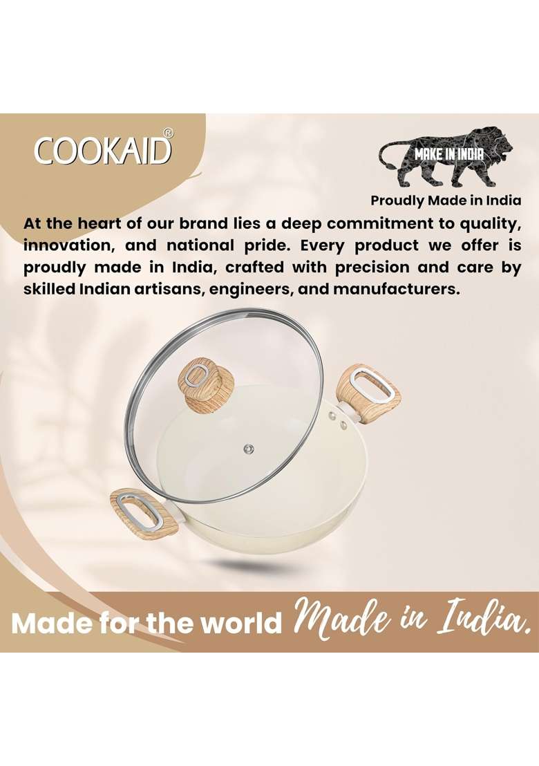 COOKAID Kadhai with Glass Lid | 2.5 L | 2.6 Qt | 24 cm | 9.4 Inch | Induction Compatible | Non-Stick - Indya