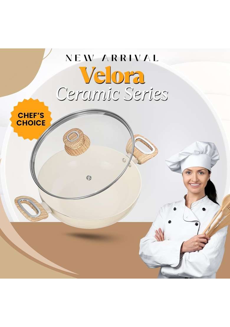 COOKAID Kadhai with Glass Lid | 2.5 L | 2.6 Qt | 24 cm | 9.4 Inch | Induction Compatible | Non-Stick - Indya