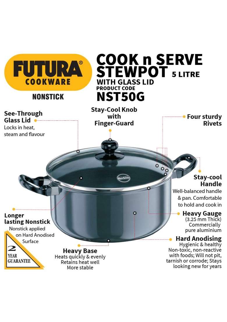 Hawkins Futura Cook N Serve Stewpot | 5 L | 5.3 Qt | Non-Stick | With Lid - Indya