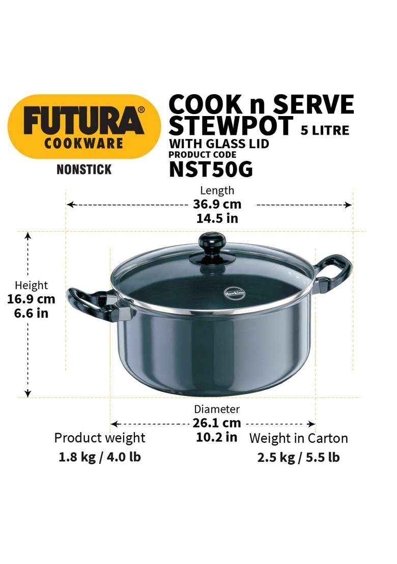 Hawkins Futura Cook N Serve Stewpot | 5 L | 5.3 Qt | Non-Stick | With Lid - Indya