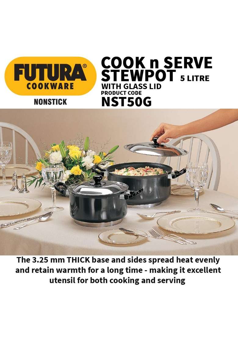 Hawkins Futura Cook N Serve Stewpot | 5 L | 5.3 Qt | Non-Stick | With Lid - Indya