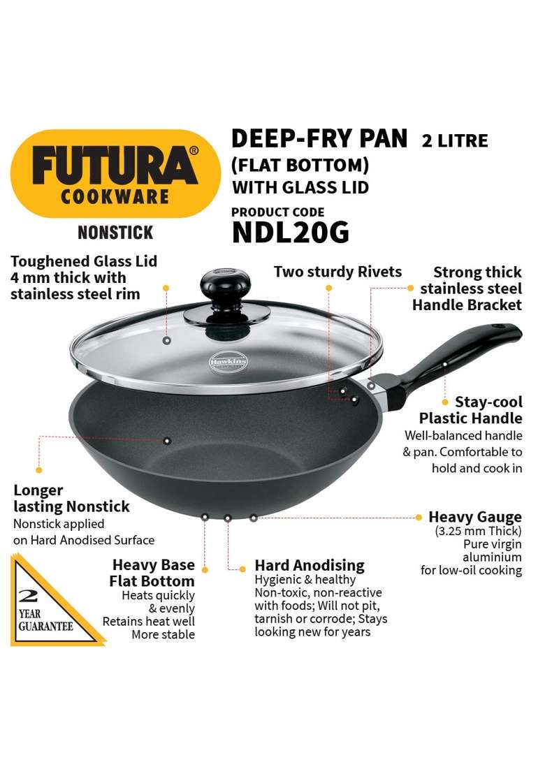 Hawkins Futura Nonstick Stir-Fry Pan | 2 L | 2.1 Qt | 26 cm | 10.2 Inch | With Lid - Indya