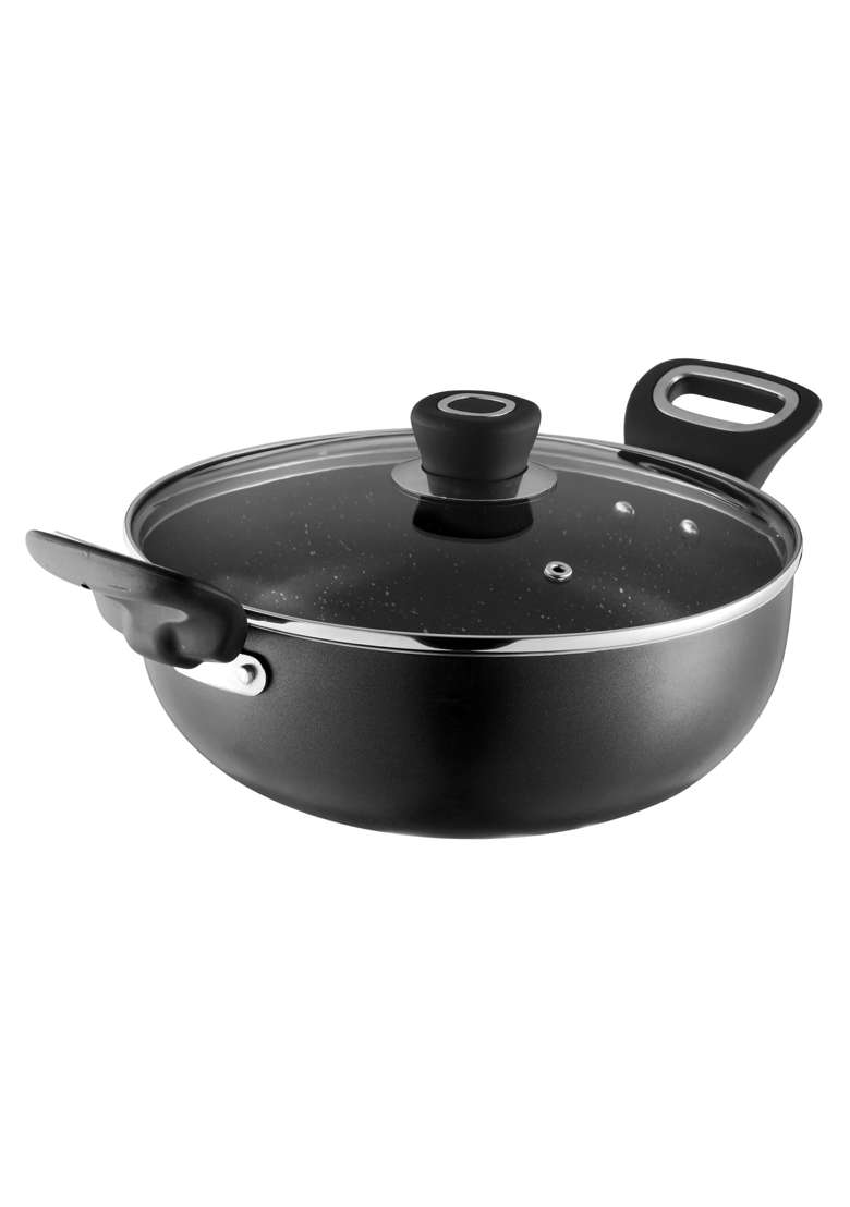 Vinod Zest Marbilo Aluminium Non Stick Deep Kadai Wok with Glass Lid | 2.5 L | 2.6 Qt | 24 cm | 9.4 Inch | Induction Compatible - Indya