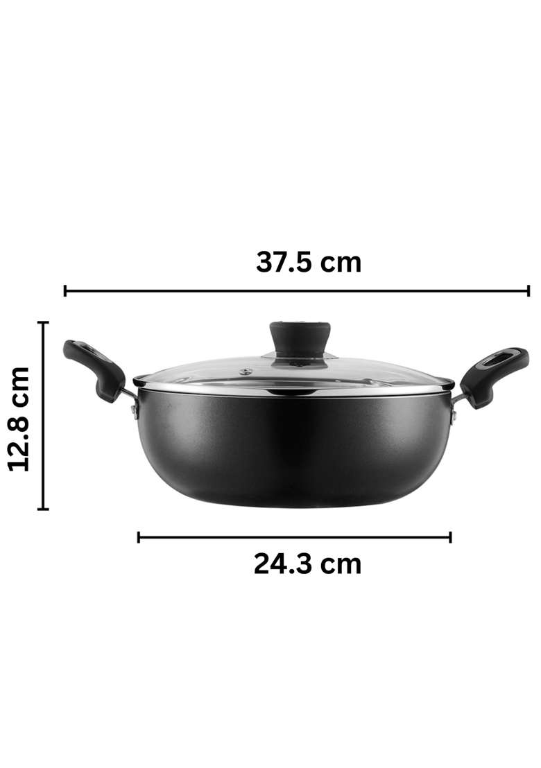 Vinod Zest Marbilo Aluminium Non Stick Deep Kadai Wok with Glass Lid | 2.5 L | 2.6 Qt | 24 cm | 9.4 Inch | Induction Compatible - Indya