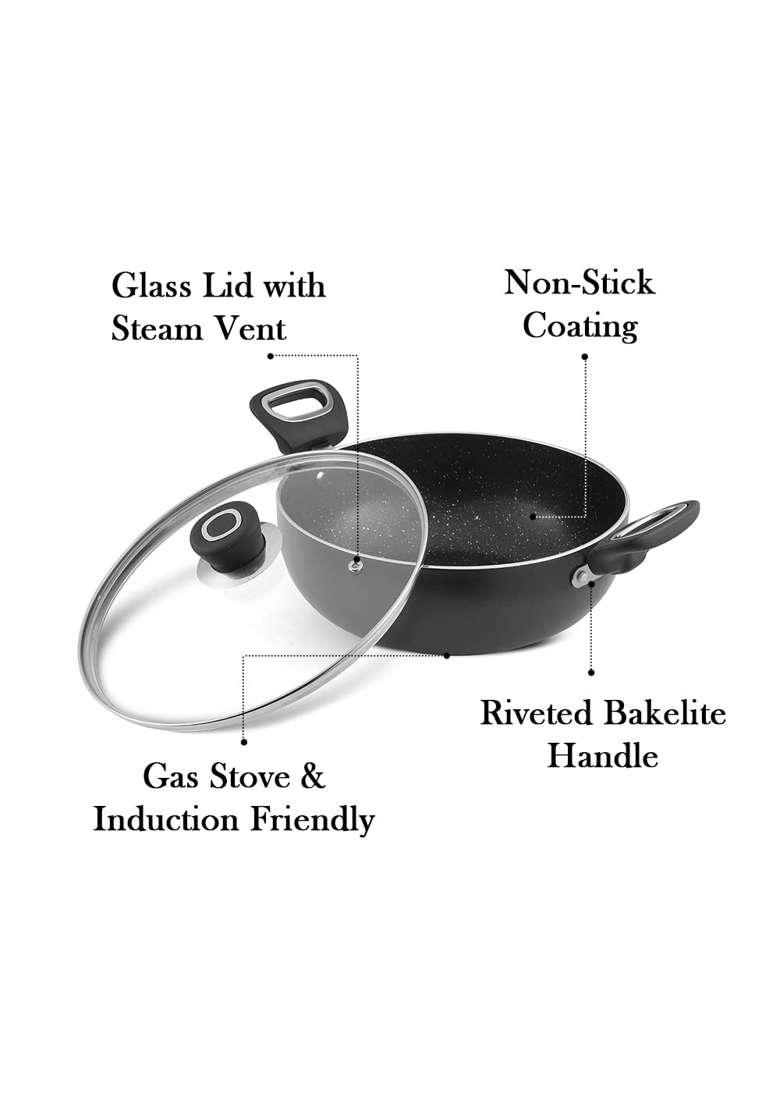 Vinod Zest Marbilo Aluminium Non Stick Deep Kadai Wok with Glass Lid | 2.5 L | 2.6 Qt | 24 cm | 9.4 Inch | Induction Compatible - Indya