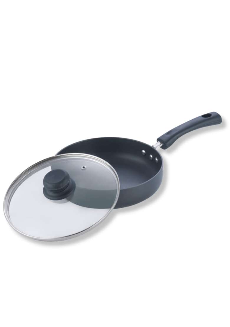 Vinod Black Pearl Hard Anodised Deep Frypan with Glass Lid | 2 L | 2.1 Qt | 24 cm | 9.4 Inch | Non-Toxic - Indya