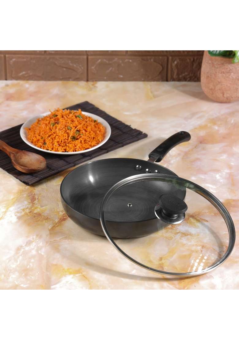 Vinod Black Pearl Hard Anodised Deep Frypan with Glass Lid | 2 L | 2.1 Qt | 24 cm | 9.4 Inch | Non-Toxic - Indya