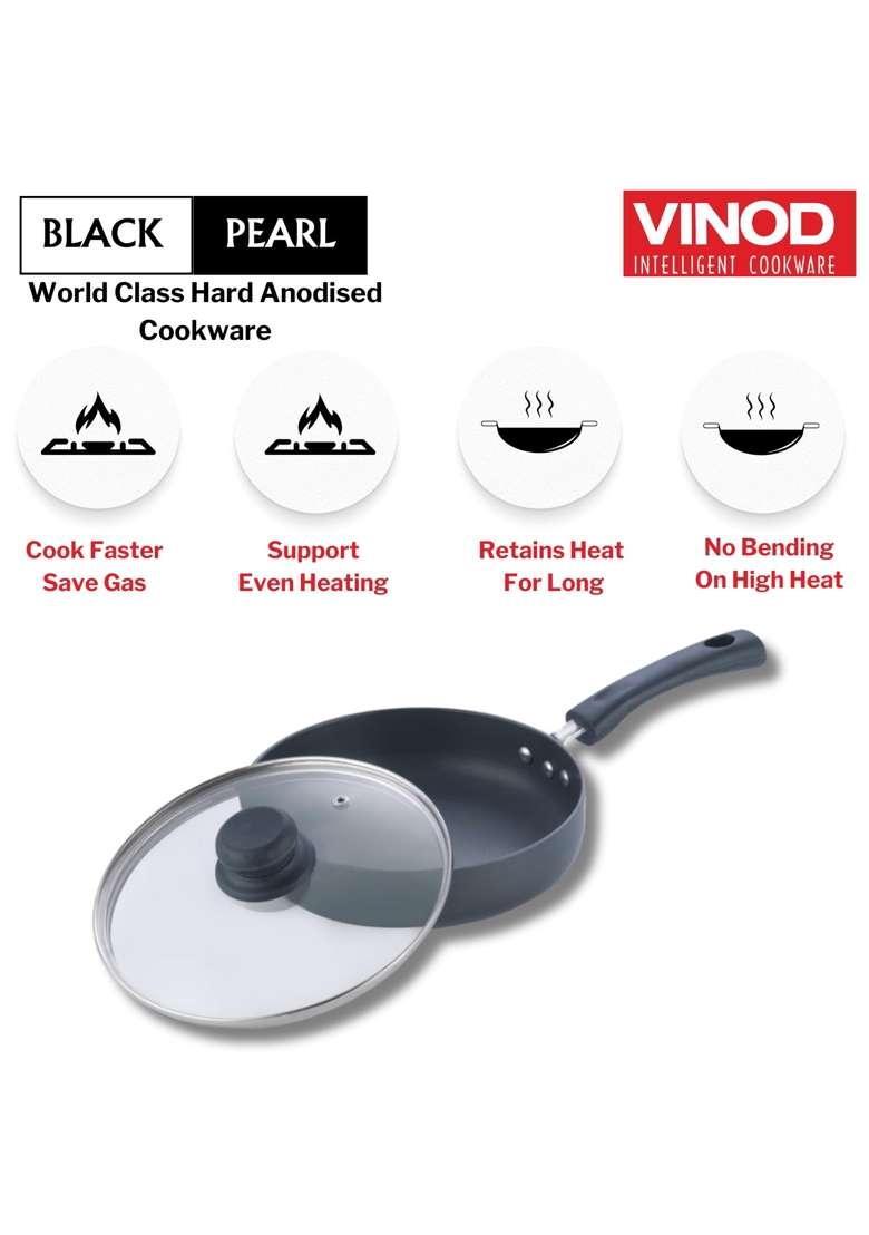 Vinod Black Pearl Hard Anodised Deep Frypan with Glass Lid | 2 L | 2.1 Qt | 24 cm | 9.4 Inch | Non-Toxic - Indya