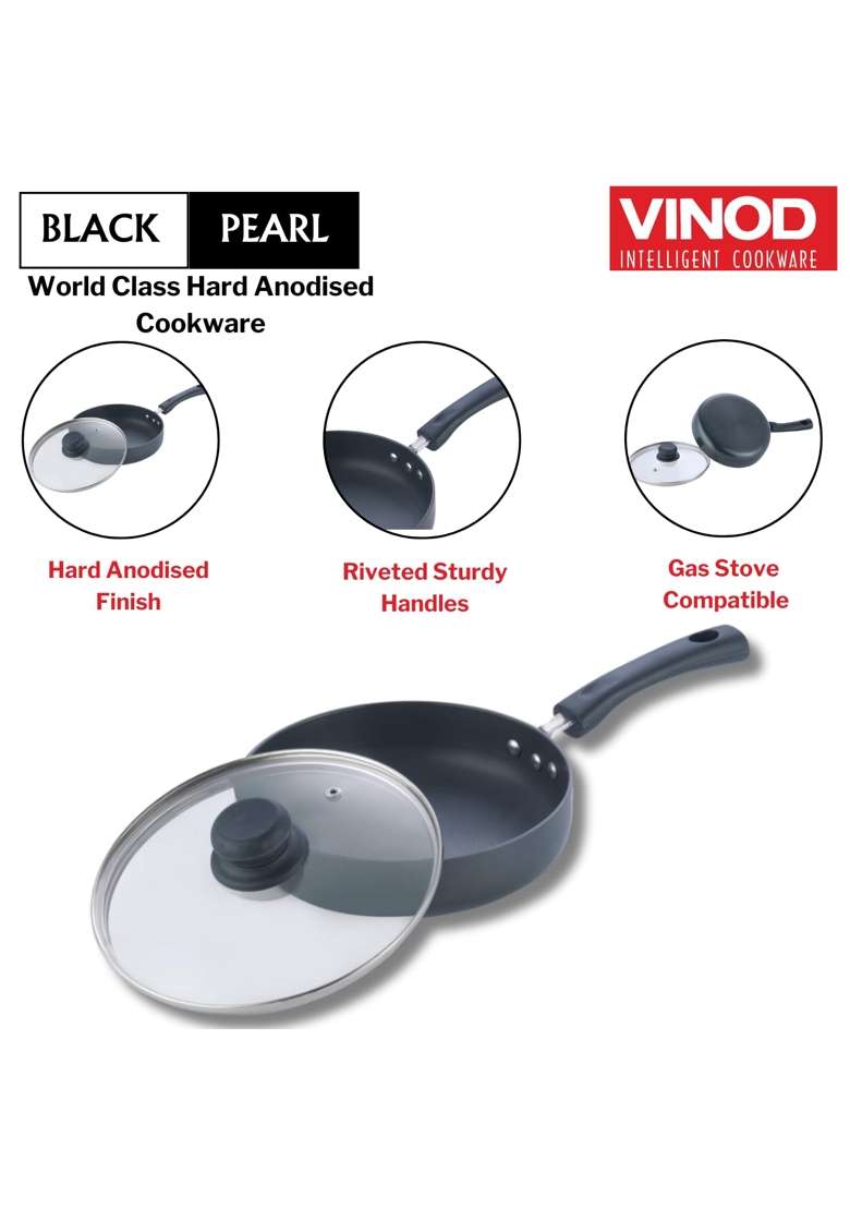 Vinod Black Pearl Hard Anodised Deep Frypan with Glass Lid | 2 L | 2.1 Qt | 24 cm | 9.4 Inch | Non-Toxic - Indya