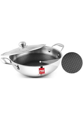 PNB Kitchenmate Triply Stainless Steel Hybrid Non-Stick Kadhai Wok with Glass Lid | 2 L | 2.1 Qt | 22 cm | 8.7 Inch | Induction Compatible