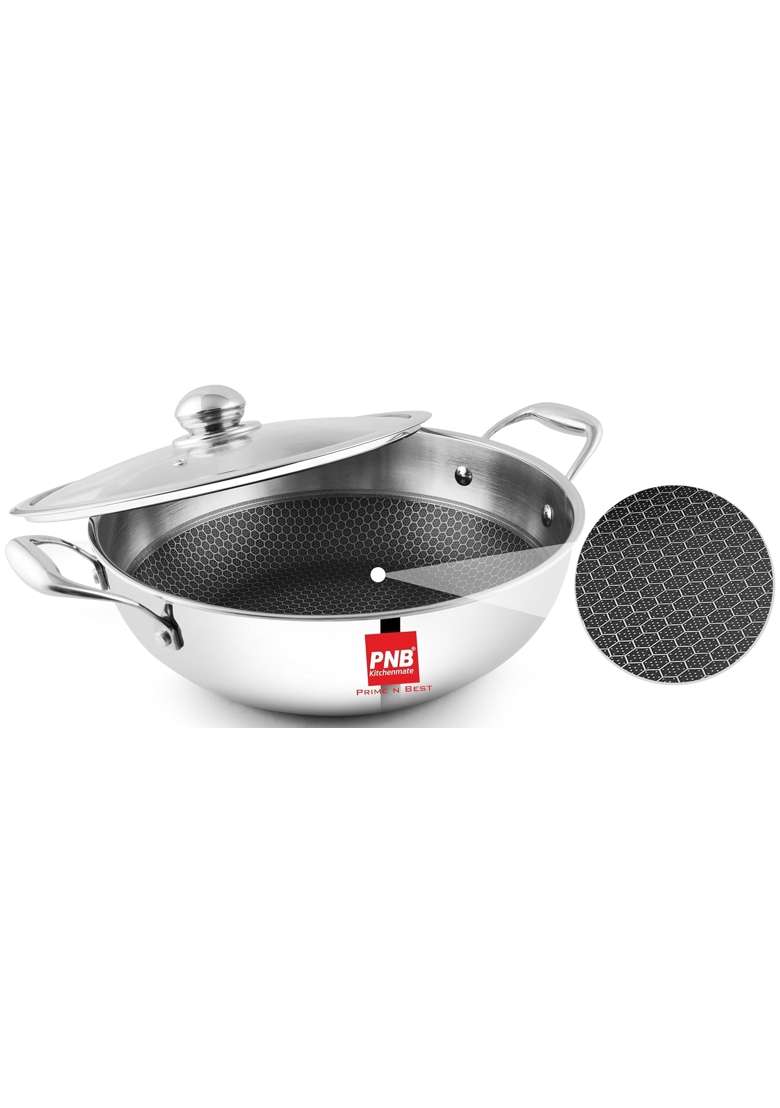PNB Kitchenmate Triply Stainless Steel Hybrid Non-Stick Kadhai Wok with Glass Lid | 2 L | 2.1 Qt | 22 cm | 8.7 Inch | Induction Compatible - Indya