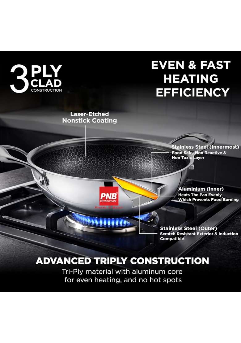 PNB Kitchenmate Triply Stainless Steel Hybrid Non-Stick Kadhai Wok with Glass Lid | 2 L | 2.1 Qt | 22 cm | 8.7 Inch | Induction Compatible - Indya