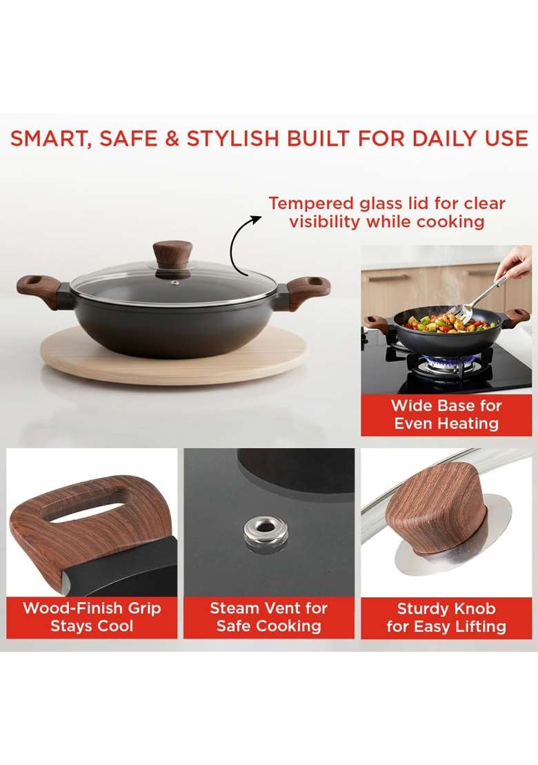 Vinod Di Casa Non Stick Kadai Wok | 1.8 L | 1.9 Qt | 22 cm | 8.7 Inch | Induction Compatible - Indya