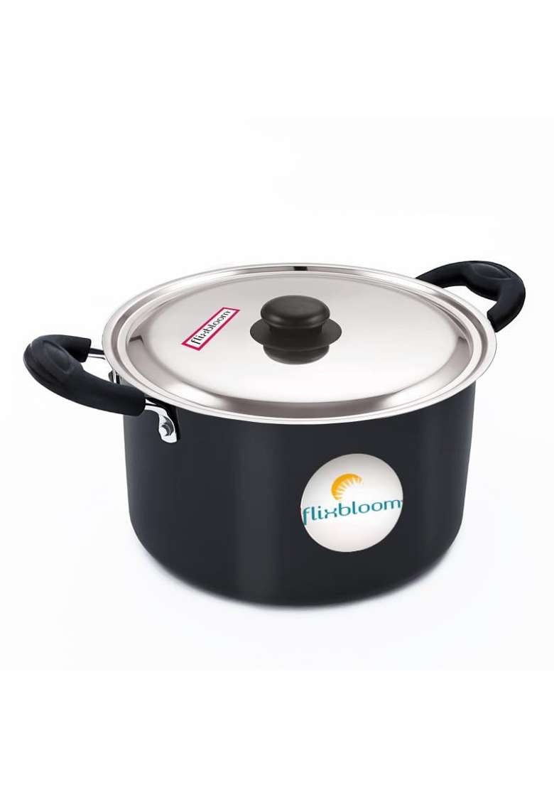FLIXBLOOM Cookware Black Hard Anodised Induction Base Deep Stock Pot Handi Sauce | 2 L | 2.1 Qt | With Lid - Indya