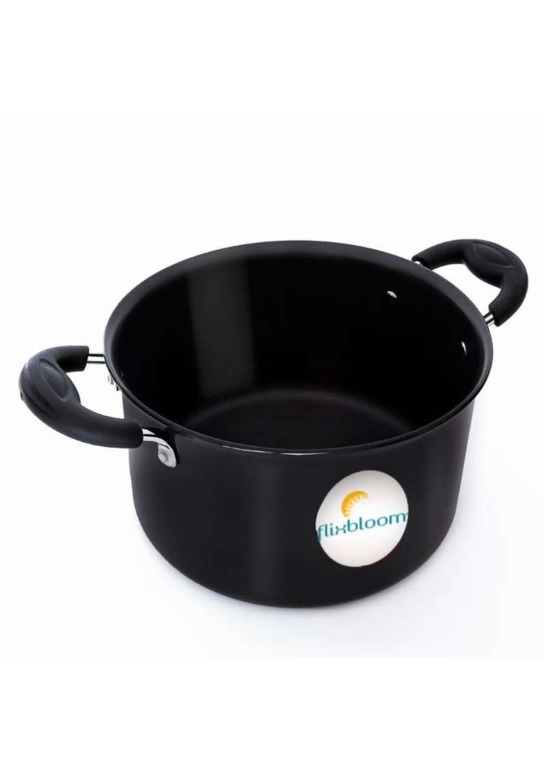FLIXBLOOM Cookware Black Hard Anodised Induction Base Deep Stock Pot Handi Sauce | 2 L | 2.1 Qt | With Lid - Indya