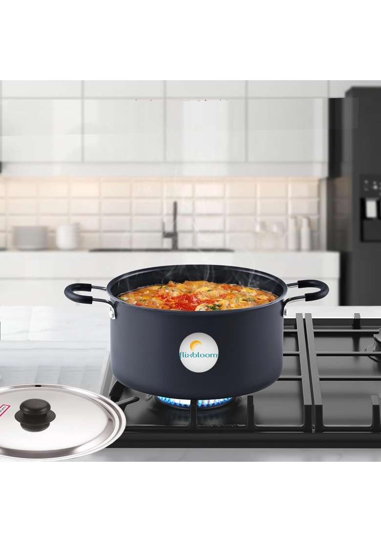 FLIXBLOOM Cookware Black Hard Anodised Induction Base Deep Stock Pot Handi Sauce | 2 L | 2.1 Qt | With Lid - Indya