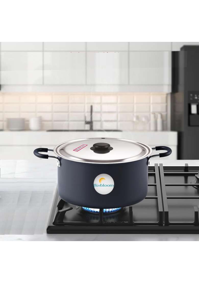 FLIXBLOOM Cookware Black Hard Anodised Induction Base Deep Stock Pot Handi Sauce | 2 L | 2.1 Qt | With Lid - Indya
