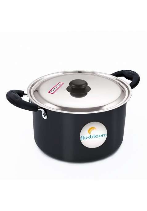 FLIXBLOOM Cookware Black Hard Anodised Induction Base Deep Stock Pot Handi Sauce | 2 L | 2.1 Qt | With Lid
