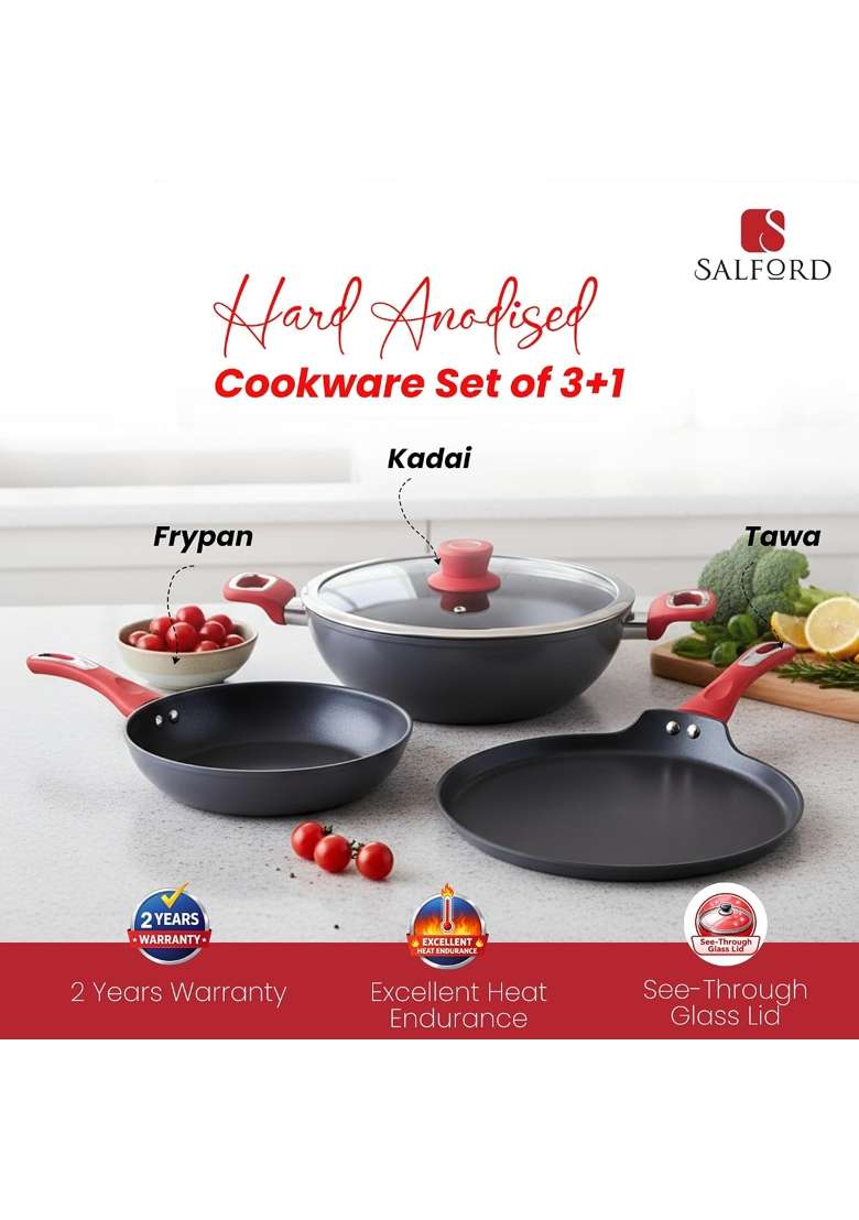 SALFORD Hard Anodised Cookware | 2.5 L | 2.6 Qt | 3-Piece Set | Induction Compatible - Indya
