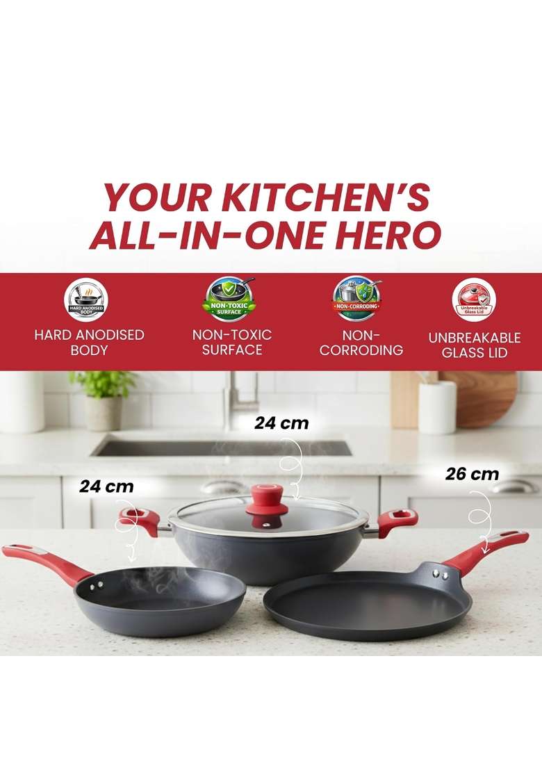SALFORD Hard Anodised Cookware | 2.5 L | 2.6 Qt | 3-Piece Set | Induction Compatible - Indya