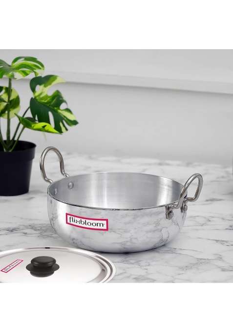 FLIXBLOOM Heavy Duty Induction Base Aluminium Cooking Kadhai Wok with Stainless Steel Lid | 5.5 L | 5.8 Qt