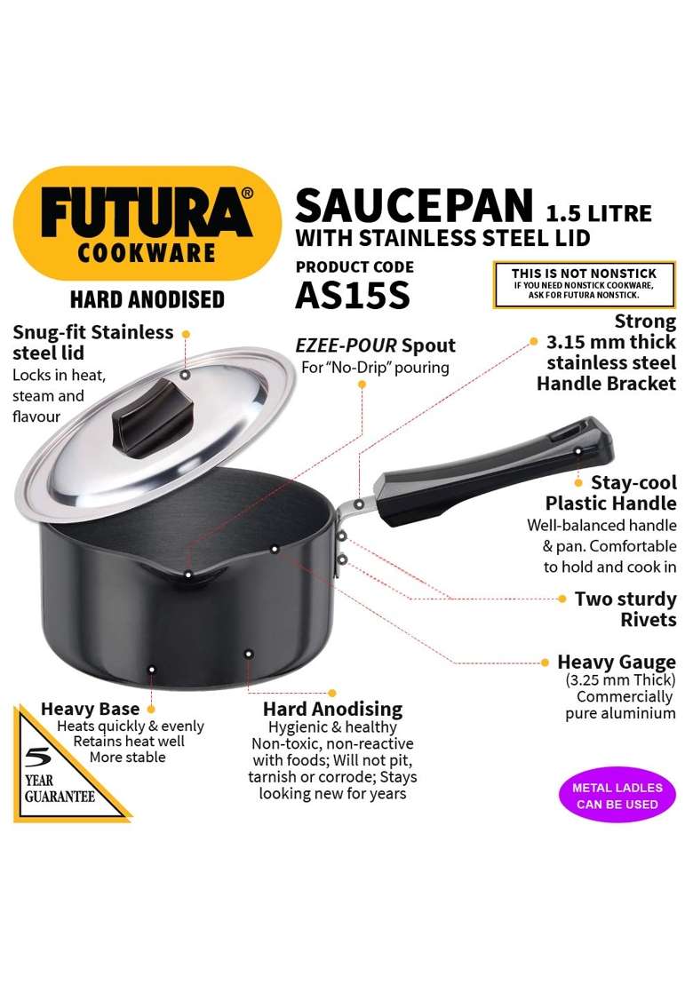 Hawkins Futura Hard Anodised Saucepan | 1.5 L | 1.6 Qt | 16 cm | 6.3 Inch - Indya