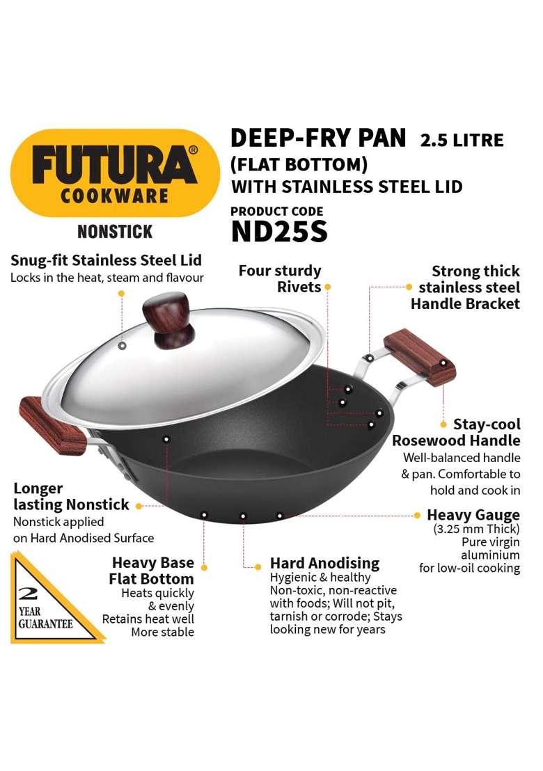Hawkins Futura Nonstick Deep-Fry Pan | 2.5 L | 2.6 Qt | 26 cm | 10.2 Inch | With Lid - Indya